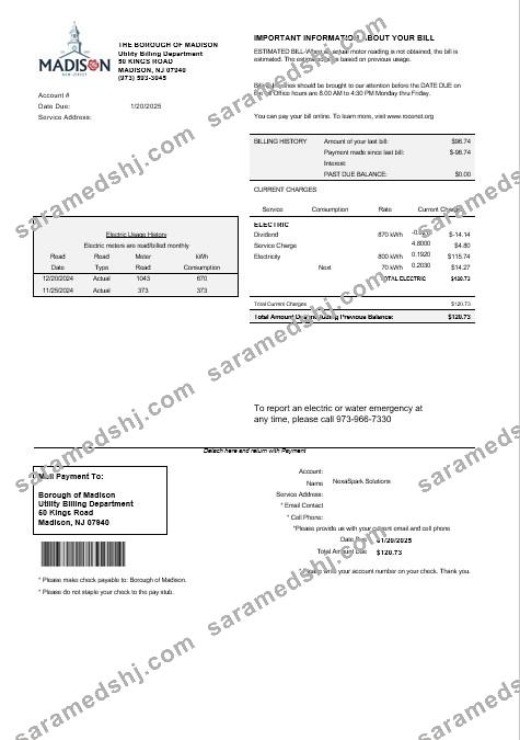 USA New Jersey The Borough of Madison business utility bill template in Word and PDF formats